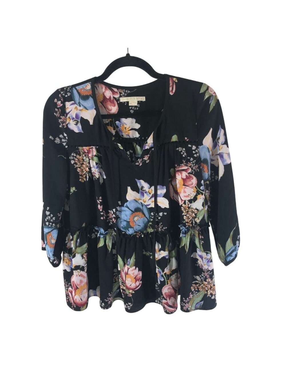 Cooper & Ella XS Floral Black Peplum Blouse With 3/4 Sleeves Tie Neckline
